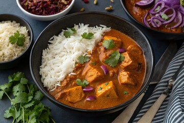 Delicious indian paneer butter masala served with fluffy basmati rice and fresh cilantro garnish