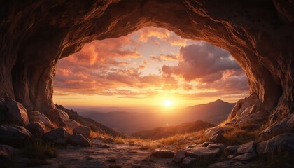 View from cave mouth at dawn, rocky landscape, golden sunrise illuminates distant mountains. Warm glow, dramatic sky with clouds, serene natural scenery. Represents new beginnings, hope, faith,