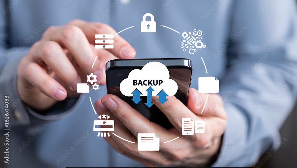 Poster hands holding smartphone with cloud backup icons data technology