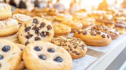 29. Bakery counter scene with blurred pastries and inviting backdrop, showing softly focused baked goods displayed behind a counter with warm ambient lighting creating a welcoming atmosphere