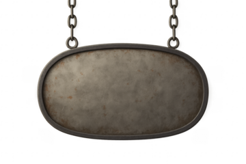 Old oval rusty metal sign hanging on chains with transparent background