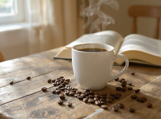 Warm coffee and open book on a wooden table