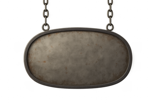 Old oval rusty metal sign hanging on chains with transparent background