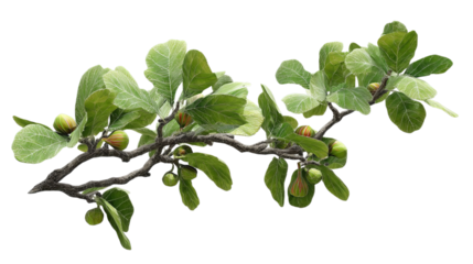 PNG of A detailed view of a fig tree branch featuring lush green leaves and ripening figs, showcasing nature's vibrant palette.
