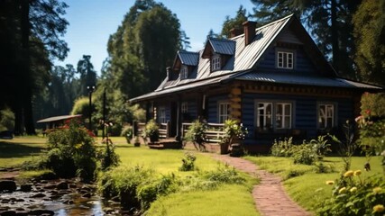 Delight in the beauty of a rustic wooden house nestled among colorful flowers and a peaceful stream. This idyllic location offers a serene escape in nature's embrace
