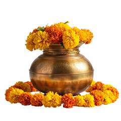 Traditional indian kalash pot decorated with marigold flowers isolated on transparent background