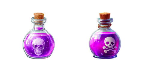 Two purple poison bottles with skull symbols isolated on transparent background