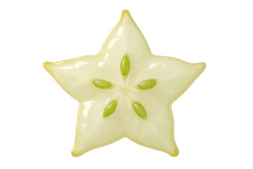 Close-up of a fresh starfruit slice showcasing its unique star shape and vibrant seeds on a transparent background, highlighting its tropical appeal