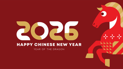 Chinese New Year 2026 Banner, Year of the horse. Chinese zodiac horse in geometric flat modern style.
