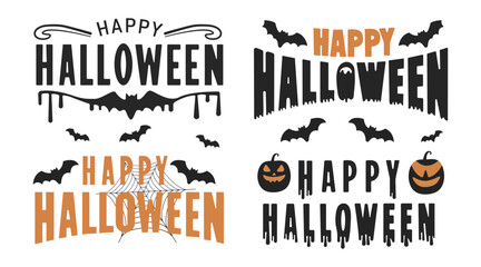 set of halloween wordmarks in orange and black with creepy elements like bats, pumpkins and dripping effects for seasonal branding projects