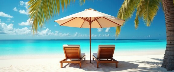 Obraz premium Summer at a tropical beach with white umbrellas and lounge chairs, evoking a serene vacation vibe. an ideal visual concept for travel and tropical getaway promotions.