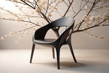 Modern dark gray designer chair with organic flowing lines set against a backdrop of delicate white blossoms