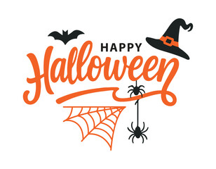 halloween typography with orange text, bat, witch hat, spider webs and festive icons for spooky celebration design or seasonal greeting cards