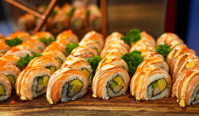 Fresh raw salmon sashimi sushi rolls with wasabi and soy sauce on a traditional Japanese plate