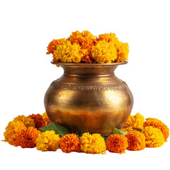 Golden kalash pot filled with marigold flowers isolated on transparent background