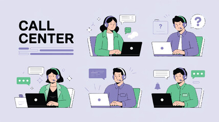 A flat design illustration set of call center scenarios in a light purple and green color scheme.