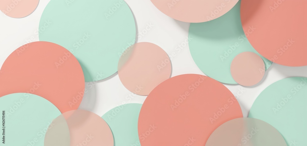 Poster abstract background featuring overlapping circles in coral, mint green on white backdrop. modern, fl