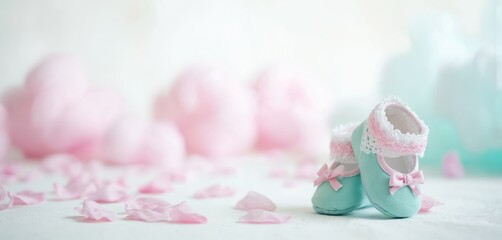 Cute miniature baby girl shoes in pink, mint teal hues decorated with lace, bows. Scattered pink rose petals, soft pastel colors create sweet, romantic atmosphere perfect for baby shower invitations,