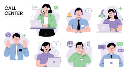 Fototapeta premium A flat design illustration set of call center scenarios in a light purple and green color scheme.