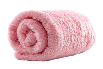 Rolled up soft pink fluffy blanket isolated on transparent background