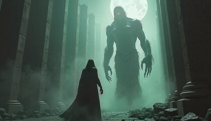 Cloaked Figure Eerie Facing Colossal Beast In Crumbling Ruin Night