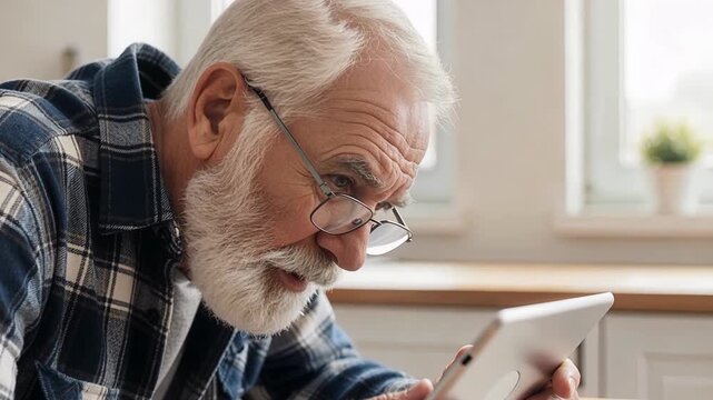 Man struggling with eye strain and vision problems while trying to read tablet screen with obvious discomfort and pain
