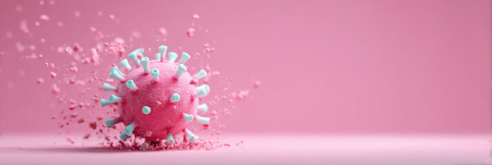 A stylized representation of a virus in vibrant colors, set against a soft pink background, emphasizing its structure and texture.