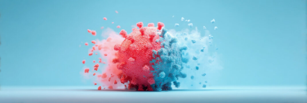 A stylized representation of a virus, showcasing red and blue colors, suggesting a dynamic and abstract visual related to health or disease.