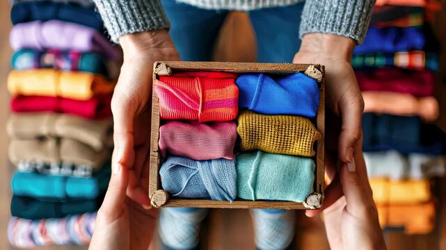 a volunteer holds a box with things. selective focus