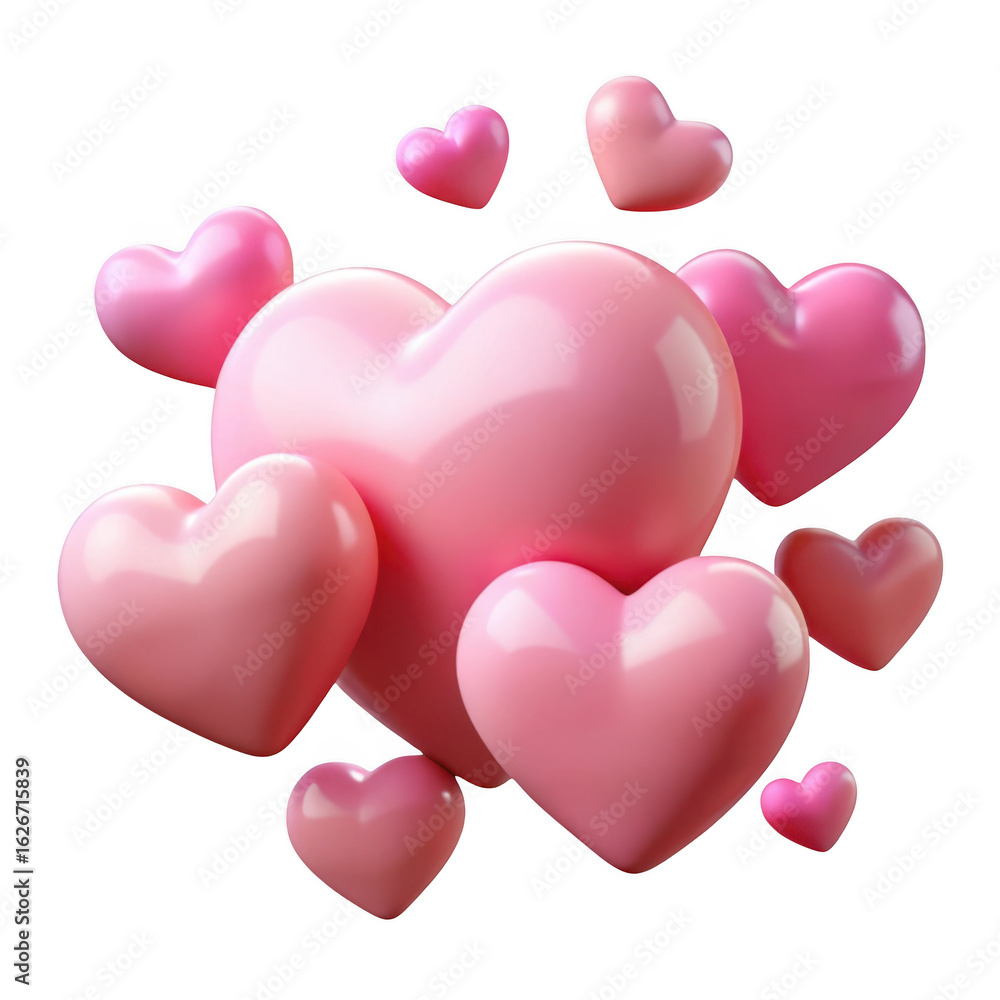 Poster cluster of soft pink hearts floating together isolated on transparent background