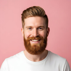 Fototapeta premium Happy smiling redhead man with beard portrait on pink background studio shot positive emotion cheerful joyful expression confident handsome guy male model