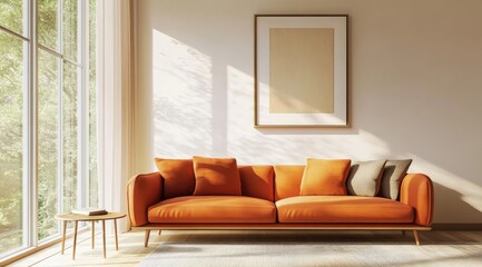 Sunlit living room with orange sofa