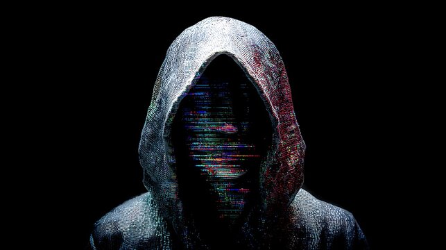 a hooded figure in a dark void, face obscured by glitch effects, streaming code across the skin, anonymous identity formed by data, cyberpunk conceptual art, 