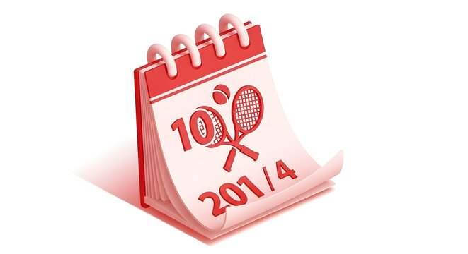 Mark your calendar for exciting tennis events with this dynamic red calendar featuring rackets, ball, and dates 10 and 2014
