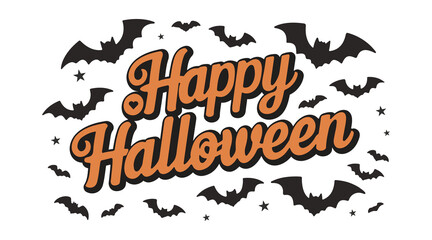 happy halloween greeting card with orange cursive text bats and stars spooky festive holiday celebration illustration isolated on white background