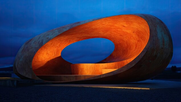 Abstract, curved wooden structure at twilight