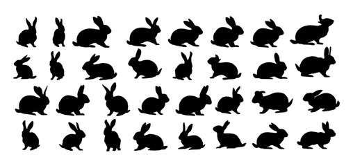 Easter hare and rabbit silhouette vector artwork, minimalistic, aesthetic profile shapes, jumping and standing postures, black & white wildlife rodent illustrations, icon set
