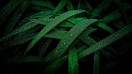 225. Close-up of dew drops on green grass blades with softly blurred natural background