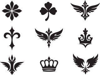 Collection of Nine Black and White Vector Heraldic Symbols and Design Elements