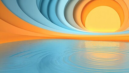 Abstract interior scene with layered, colorful, smooth curves and ripples on a water-like surface.  A warm orange/yellow sun-like shape is centered