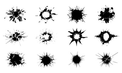 Broken glass burst, bullet hole cracks, and explosive silhouettes vector set. Impact damage, shattered effects, and fractured blast visuals suited for comics, gaming art, action themes