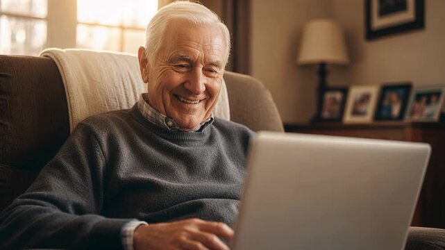Happy senior businessman smiling while working on laptop in modern office with camera orbiting around his workspace