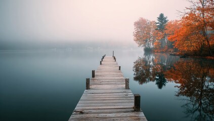 Tranquil wooden dock extends into a misty lake, autumn colors on the shore