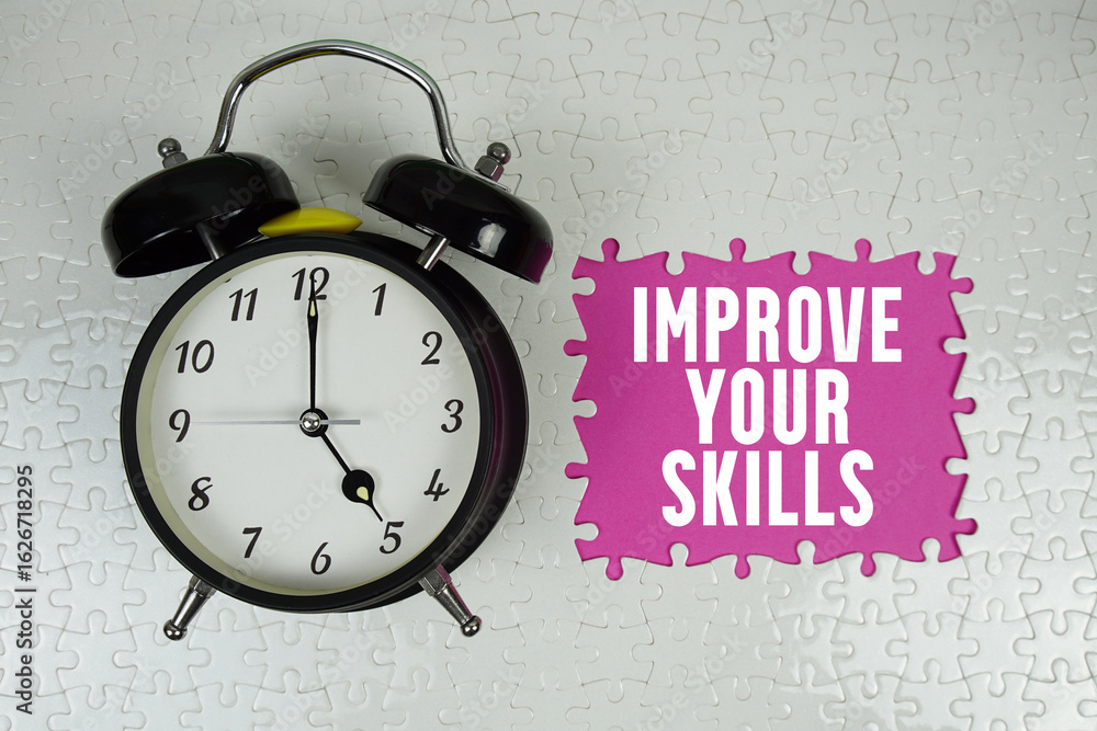 Poster improve your skills text with alarm clock on pink background