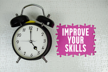 Improve Your Skills text with alarm clock on pink background