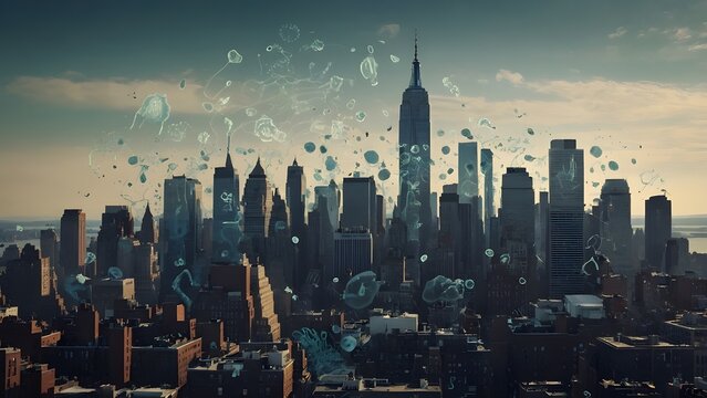 Futuristic Smart City Skyline: New York with Data Overlay Visualization