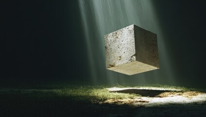 Floating stone cube in a dark, sunlit cavern