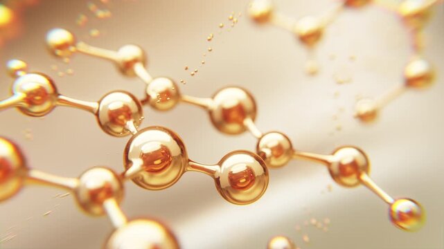 Golden peptide molecules float in soft motion, symbolizing futuristic skincare, anti-aging innovation, and biotech elegance for luxury cosmetic brands.