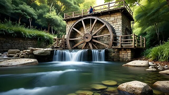 Water Wheel or Watermill Turbine Grinding, Turning, and Generating Power
