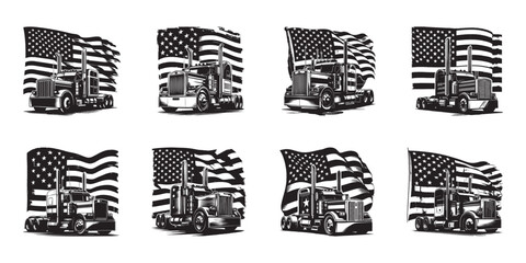 Eight Diverse Black and White Illustrations of Semi Trucks and American Flags Keywords: semi truck, trailer, truck, American flag, USA flag, transport, logistics, trucking, freight, cargo, heavy